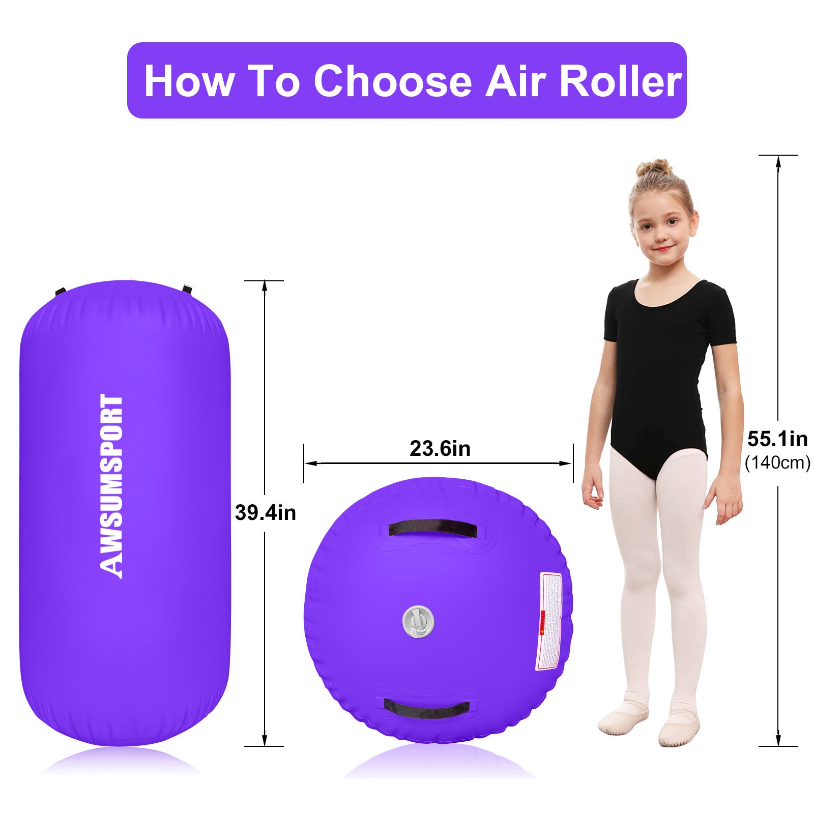 Purple Gymnastics Air Roller Inflatable Tumbling Mat 47.13 inch L 29.5"  Diam - AWSUMSPORT